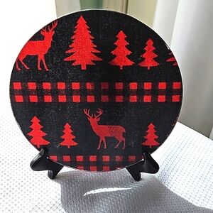 Rustic Elegance: Buffalo Plaid Deer & Trees Tempered Glass 8-inch Cutting Board